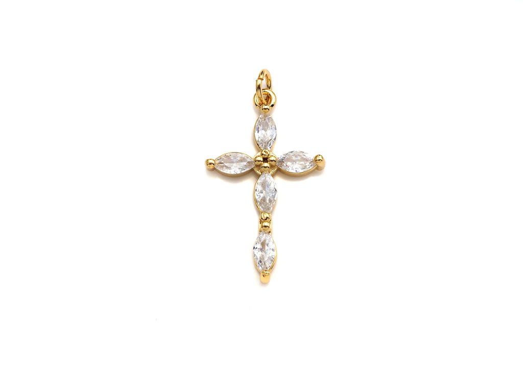 Bagette CZ Micro Pave Cross Flower Pendant, Cubic Zirconia Cross Pendant, Gold Tone pendant, 17x28mm, sku#F1106