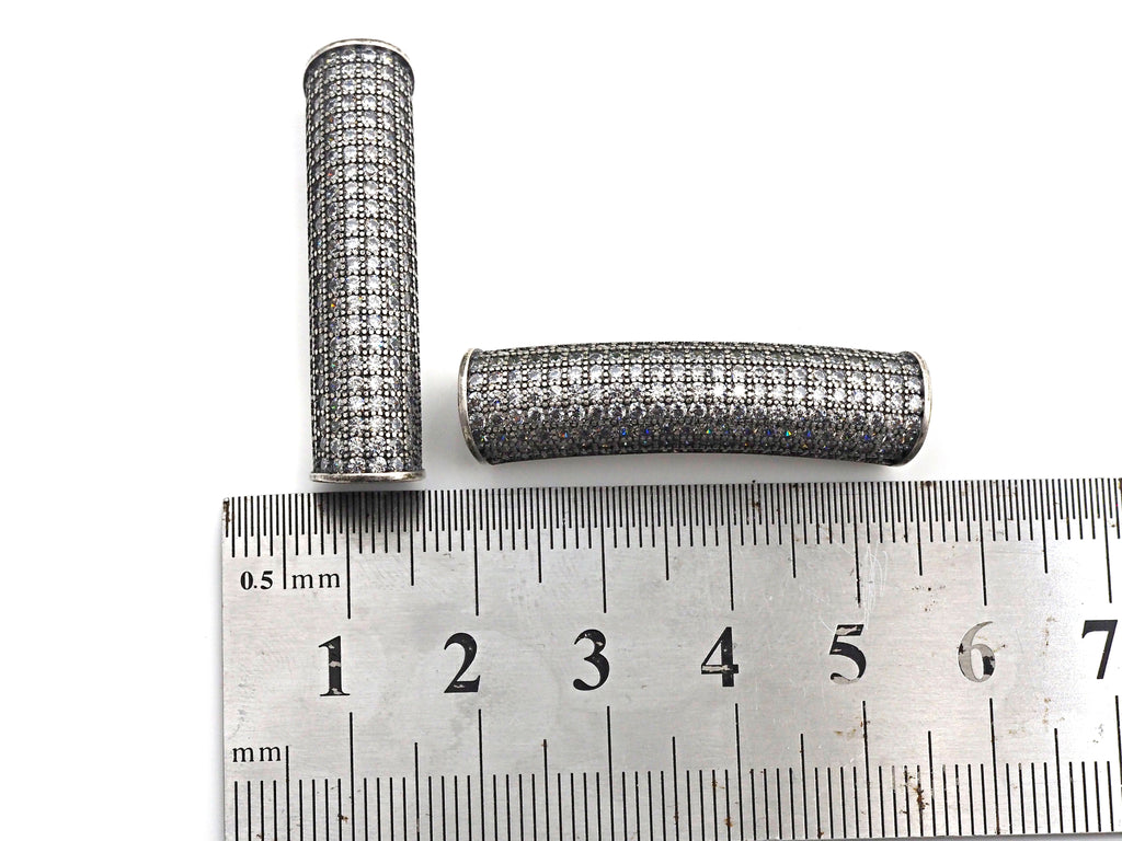 Rhodium CZ Micro Pave Half Full Pave Tube, Antique Silver Tone, Cubic Zirconia Pave Separator Tube Beads,39x10mm,sku#X128
