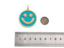 Load image into Gallery viewer, Large Pave Enamel Hot Pink/Turquoise Smiley Face 38mm Pendant, Cubic Zirconia Pave Pendant, Happy face charm, Pink Smiley Face, Sku#ML39