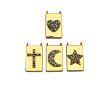 Load image into Gallery viewer, Colorful CZ Micro Pave Heart Cross Star On Rectangle Charms, Dainty Charms Pendant, Rectangle Necklace Pendant, 12x21mm, Sku#F1345