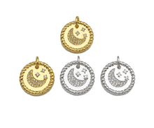 Load image into Gallery viewer, CZ Micro Pave Cresent Moon Star On Round Coin Pendant, Bracelet Necklace CZ  Round Coin Pendant Charm, Silver/Gold Tone,16x16mm,sku#L461
