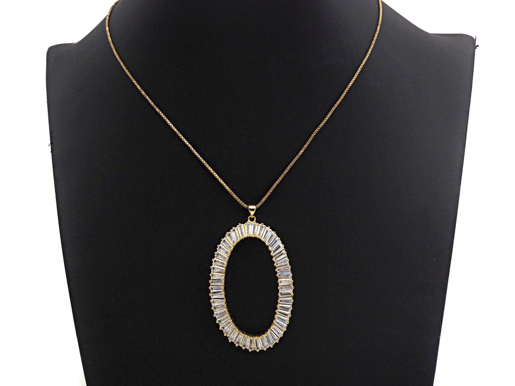 Large Micro Pave Bagette CZ Oval Pendant, Cubic Zirconia  O Shape Pendant, Silver/Gold Tone, 39x62mm, Sku#FH82