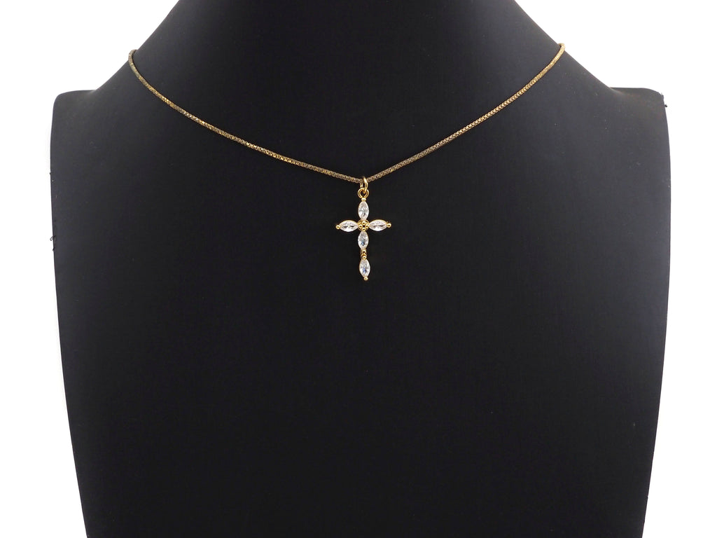 Bagette CZ Micro Pave Cross Flower Pendant, Cubic Zirconia Cross Pendant, Gold Tone pendant, 17x28mm, sku#F1106