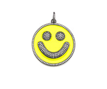 Load image into Gallery viewer, Large Pave Enamel Yellow Smiley Face 38mm Pendant, Cubic Zirconia Pave Pendant, Happy face charm, Yellow Smiley Face, Sku#ML40