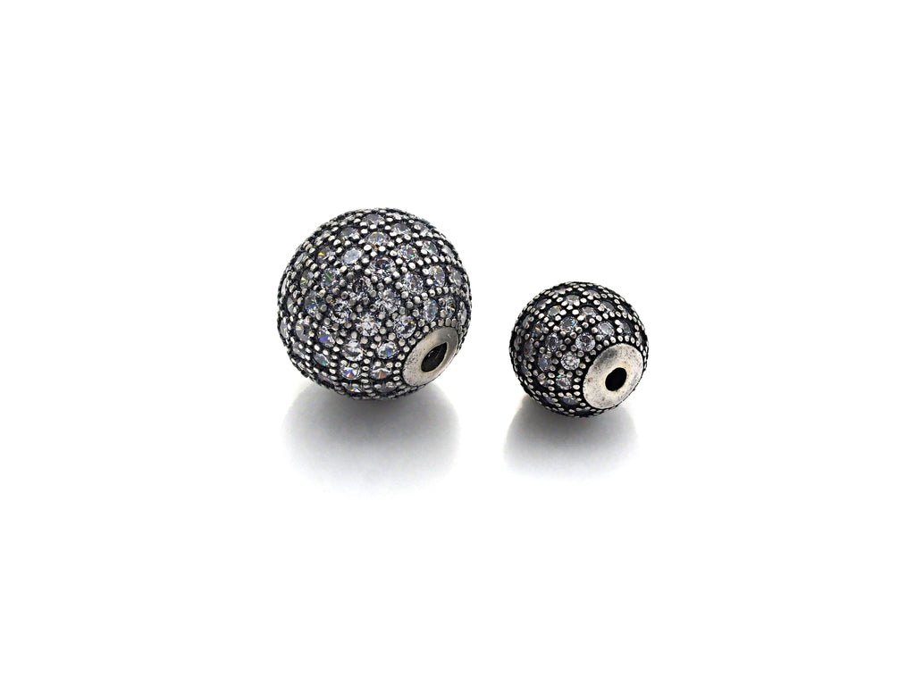 Rhodium CZ Micro Pave Round Ball Bead, 6mm/8mm/10mm/12mm, Cubic Zirconia Pave Beads, Antique Silver Shamballa beads, sku#X129