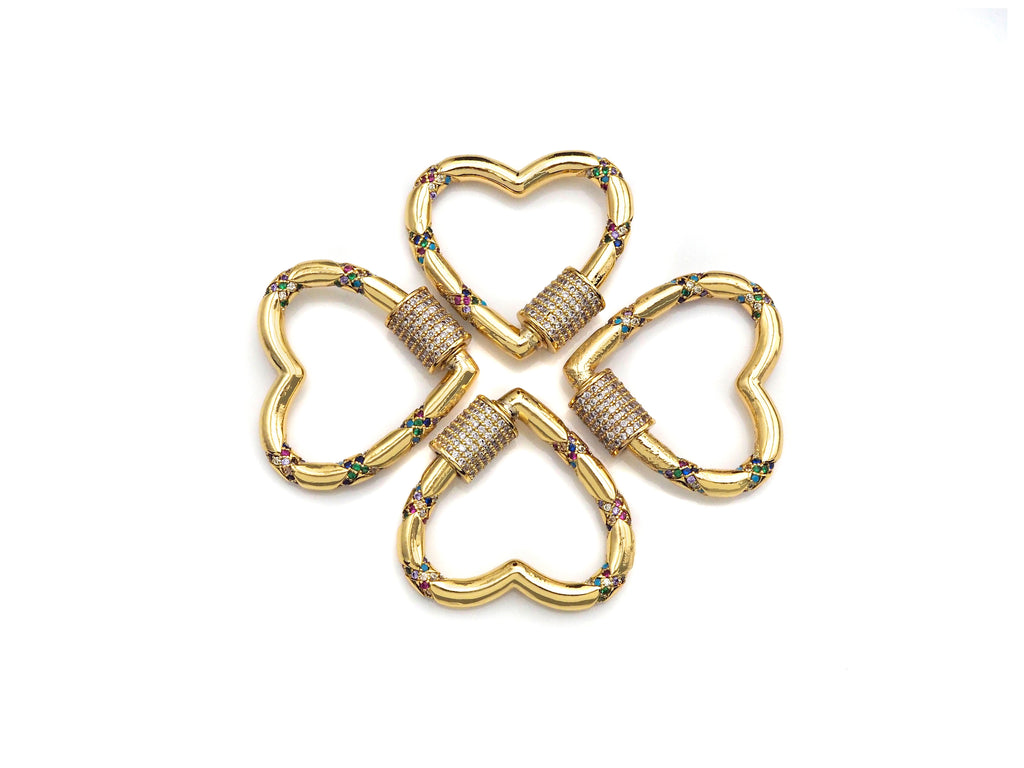 Gold Micro Pave Heart with Colorful CZ Cross Patten Clasp, Heart Lock, CZ Pave Gold Plated Clasp, 28x30mm,mm, sku#H267