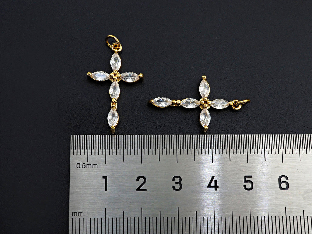 Bagette CZ Micro Pave Cross Flower Pendant, Cubic Zirconia Cross Pendant, Gold Tone pendant, 17x28mm, sku#F1106