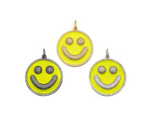 Load image into Gallery viewer, Large Pave Enamel Yellow Smiley Face 38mm Pendant, Cubic Zirconia Pave Pendant, Happy face charm, Yellow Smiley Face, Sku#ML40
