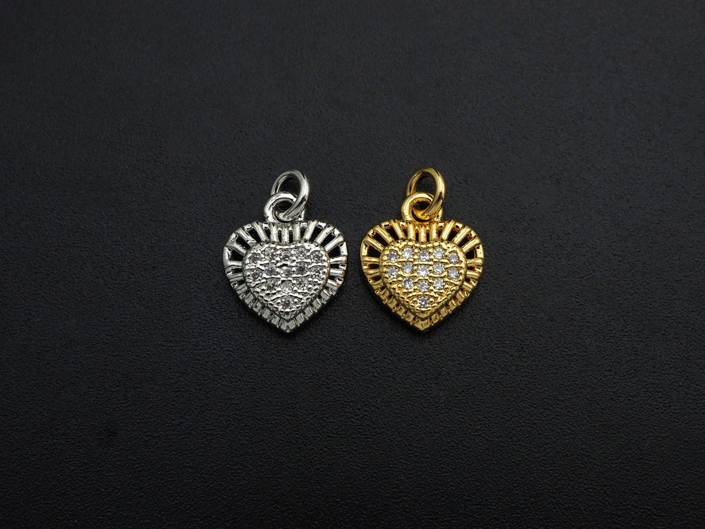 CZ Micro Pave Heart Shaped Pendant/Charm with Lace Edge, Clear Cubic Zirconia Pave Charm, Silver/Gold Plated, 10x11mm, sku#F1136