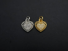 Load image into Gallery viewer, CZ Micro Pave Heart Shaped Pendant/Charm with Lace Edge, Clear Cubic Zirconia Pave Charm, Silver/Gold Plated, 10x11mm, sku#F1136