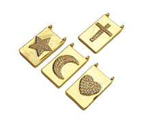 Load image into Gallery viewer, CZ Micro Pave Cresent Heart Star Cross On Rectangle Charms, Dainty Gold Charms Pendant, Rectangle Necklace Pendant, 12x21mm, Sku#F1346