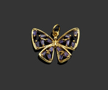 Load image into Gallery viewer, Gold Filled Violet Baguette CZ Micro Pave Butterfly Pendant,14K Gold Filled Butterfly Charm, Necklace Bracelet Pendant,21x15mm,Sku#CP23
