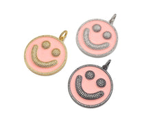 Load image into Gallery viewer, Large Pave Enamel Pink Smiley Face 38mm Pendant, Cubic Zirconia Pave Pendant, Happy face charm, Pink Smiley Face, Sku#ML41