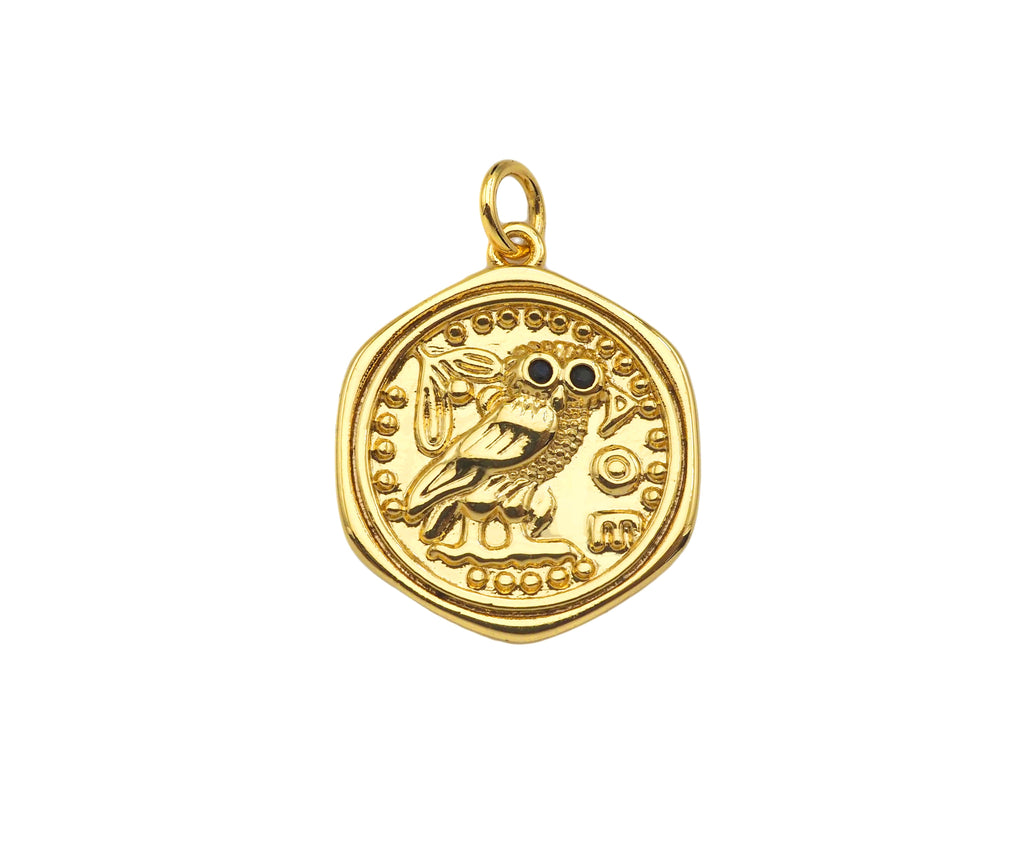CZ Micro Pave Embossed Night Owl On Round Coin Shape Pendant, 18K Gold Medallion Charm, Necklace Bracelet Charm Pendant,18x22mm,Sku#FH165