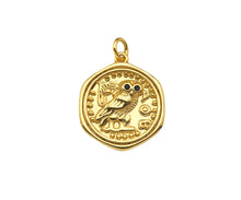 Load image into Gallery viewer, CZ Micro Pave Embossed Night Owl On Round Coin Shape Pendant, 18K Gold Medallion Charm, Necklace Bracelet Charm Pendant,18x22mm,Sku#FH165