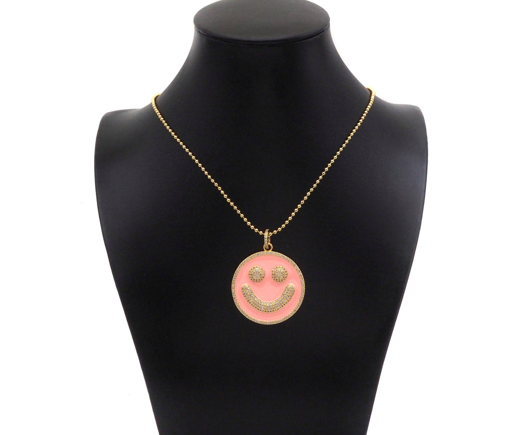 Large Pave Enamel Pink Smiley Face 38mm Pendant, Cubic Zirconia Pave Pendant, Happy face charm, Pink Smiley Face, Sku#ML41