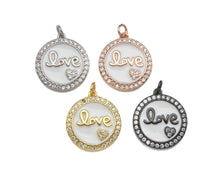 Load image into Gallery viewer, White Enamel Love with Pave Heart On Round Charms/Pendant, Enamel Pendant, Micro Pave CZ, Coin Enamel Jewelry Findings,19x21mm,Sku#FH147