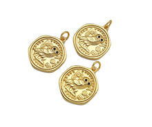 Load image into Gallery viewer, CZ Micro Pave Embossed Night Owl On Round Coin Shape Pendant, 18K Gold Medallion Charm, Necklace Bracelet Charm Pendant,18x22mm,Sku#FH165
