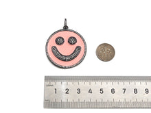 Load image into Gallery viewer, Large Pave Enamel Pink Smiley Face 38mm Pendant, Cubic Zirconia Pave Pendant, Happy face charm, Pink Smiley Face, Sku#ML41