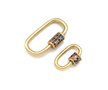 Load image into Gallery viewer, Colorful CZ Micro Pave Oval Shape Screw Clasp, Matt Gold Plated U Shape Clasp, Pave Lock, Carabiner Clasp, 17x29/12x18mm, Sku#ML46