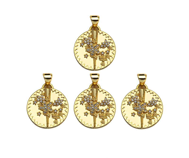 CZ Micro Pave Embossed Blossom Thorn Coin Shape Pendant, 18K Gold Medallion Charm, Necklace Bracelet Charm Pendant,18mm,Sku#FH166
