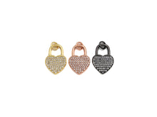 Load image into Gallery viewer, CZ Micro Pave Heart Lock Pendant, Cubic Zirconia Heart Pendant, Gold/Rose Gold/Black Tone pendant, 13x18mm, sku#F1124