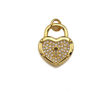 Load image into Gallery viewer, CZ Micro Pave Hollow Out Heart Shape Lock Pendant, Lock Pave Charm, Sku#F1184C