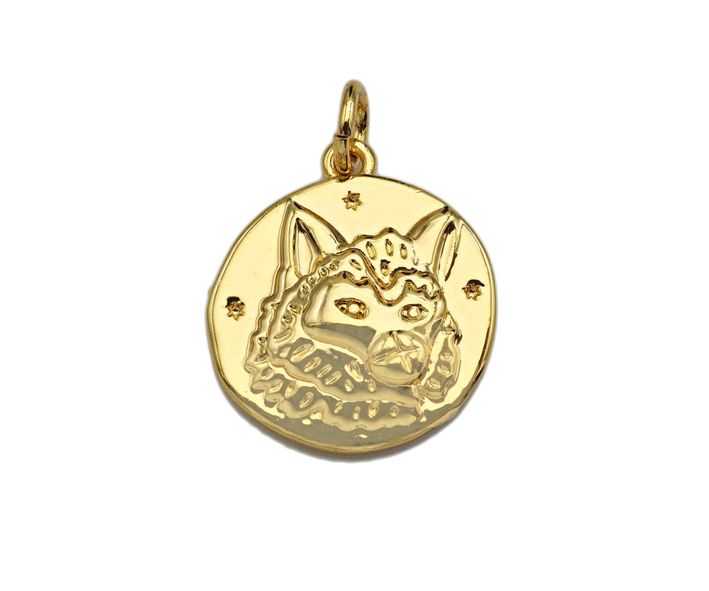 CZ Micro Pave Embossment Wolf Head On Round Coin Pendant/Charm, Sku#L409
