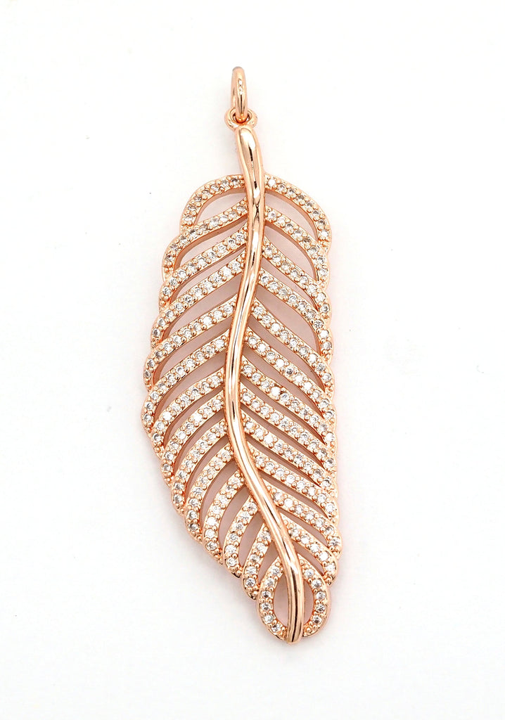 56mm Large CZ Micro Pave Leaf Pendant with Jump Ring, Gold/Silver/Black/Rose Gold Plated, Cubic Zirconia Leaf Pendant/Charm,sku#F512
