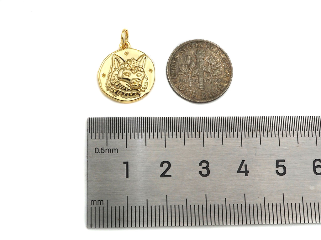 CZ Micro Pave Embossment Wolf Head On Round Coin Pendant/Charm, Sku#L409