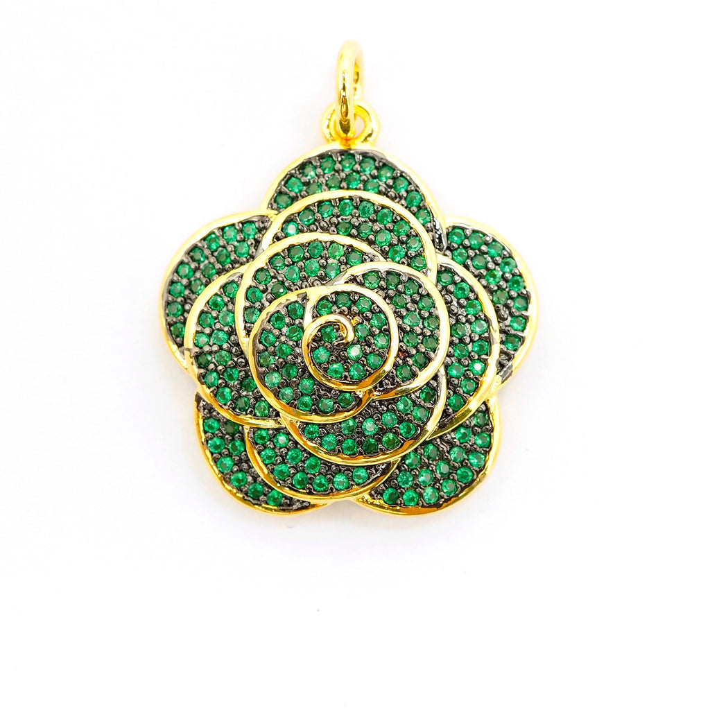 CZ Micro Pave 3D Rose Flower Pendant/Charm,Cubic Zirconia Paved Charm,Green/Fuchsia/Black,23x25mm,sku#F494