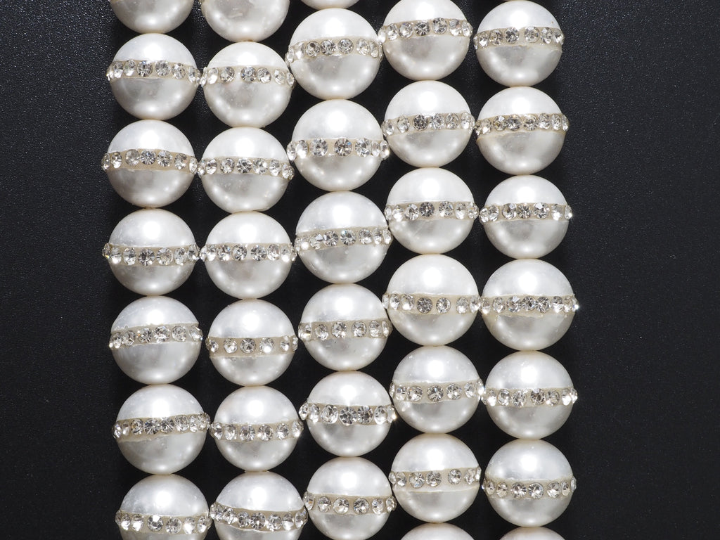 6mm/8mm/10mm/12mm Round Pearl with rhinestone inlaid, White