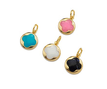 Load image into Gallery viewer, Gold Filled Colorful Clover On Round Shape Pendant, 14K Gold Filled White/Black/Pink/Blue Charm, Necklace Bracelet Charm, 10x12mm, Sku#CP33