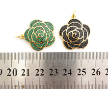 Load image into Gallery viewer, CZ Micro Pave 3D Rose Flower Pendant/Charm,Cubic Zirconia Paved Charm,Green/Fuchsia/Black,23x25mm,sku#F494