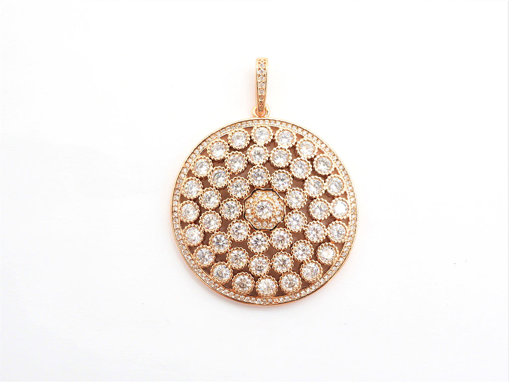 40mm Large CZ Micro Pave Filigree Round Disc Pendant, Cubic Zirconia Rose Gold/Silver/Black Focal Pendant, sku#F545