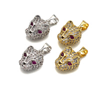 Load image into Gallery viewer, CZ Micro Pave Leopard Head With Fuchsia Eye Pendant, Gold/Silver Plated Jewelry, Panther Charm Pendant, 10x13mm,sku#F1216