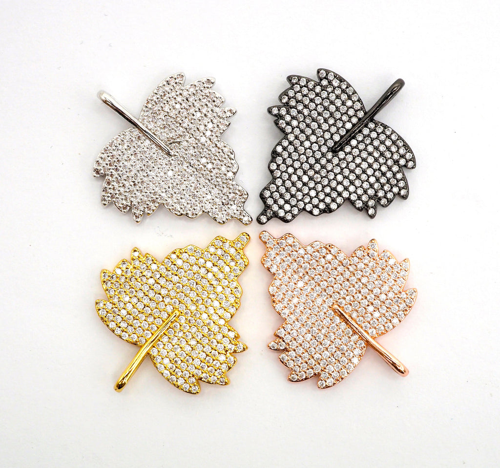 CZ Clear Micro Pave Leaf Charm Pendant, Leaf Shaped Pave Pendant, Gold/Rose Gold/Silver/Gunmetal plated, 31x36mm, Sku#F507