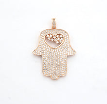 Load image into Gallery viewer, CZ Micro Pave Hamsa Hand with Heart Pendant, Cubic Zirconia Large Hamsa hand Pendant, Gold/Silver/Black/Rose Gold 27x35mm,SKU#F521