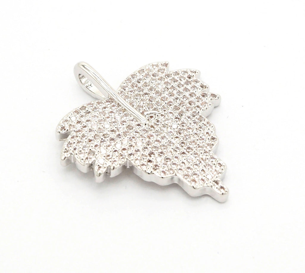 CZ Clear Micro Pave Leaf Charm Pendant, Leaf Shaped Pave Pendant, Gold/Rose Gold/Silver/Gunmetal plated, 31x36mm, Sku#F507