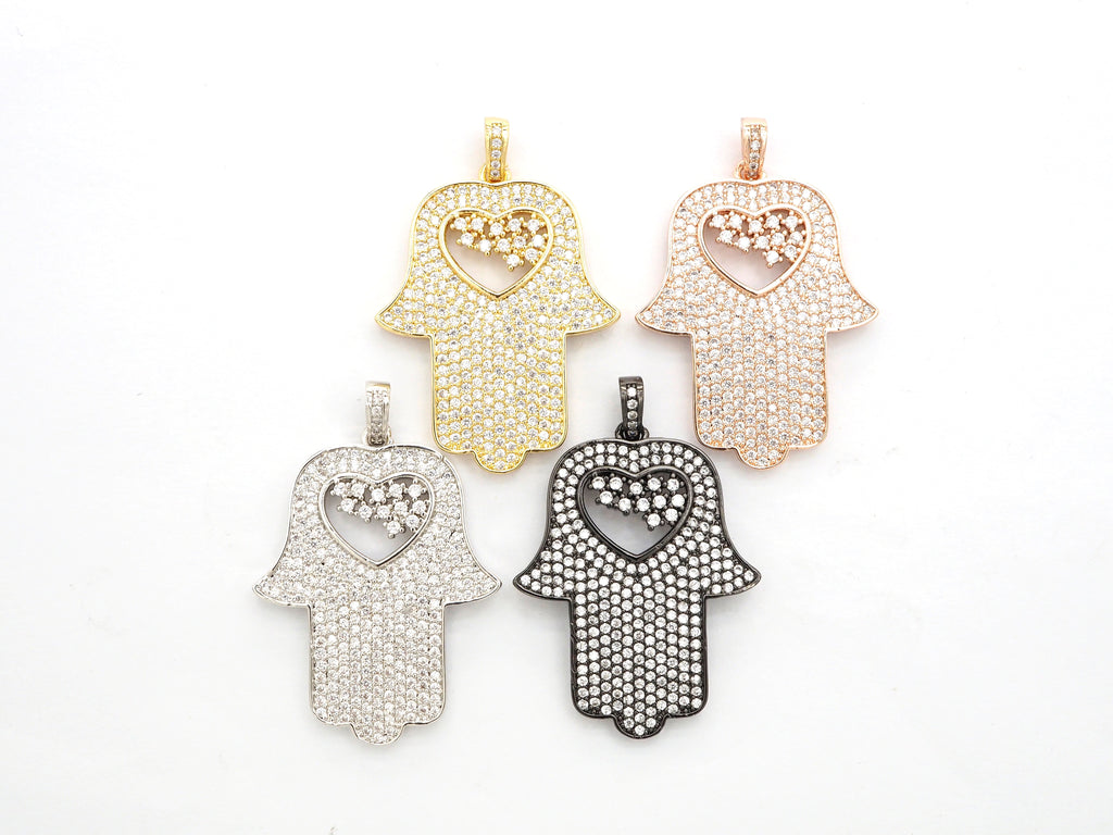 CZ Micro Pave Hamsa Hand with Heart Pendant, Cubic Zirconia Large Hamsa hand Pendant, Gold/Silver/Black/Rose Gold 27x35mm,SKU#F521