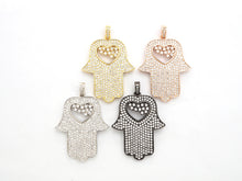 Load image into Gallery viewer, CZ Micro Pave Hamsa Hand with Heart Pendant, Cubic Zirconia Large Hamsa hand Pendant, Gold/Silver/Black/Rose Gold 27x35mm,SKU#F521