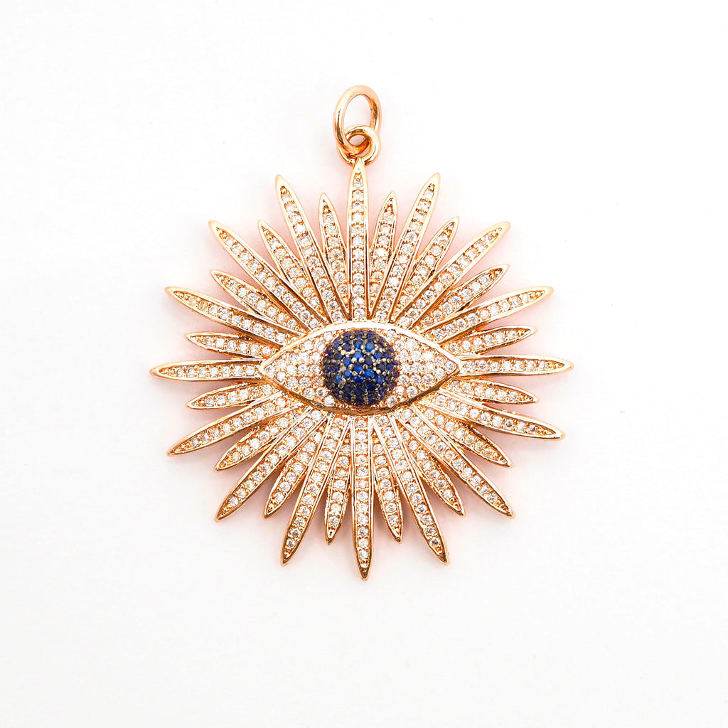 Large CZ Micro Pave Flower With Black Evil Eye Pendant/Charm,Cubic Zirconia Paved Charm/Focal, Necklace Charm Pendant, 43x46mm,sku#F497C