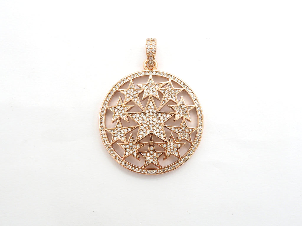 30mm Large CZ Micro Pave Hollow out Star Disc Pendant, Cubic Zirconia Filigree Rose Gold/Gold/Silver/Black Focal Pendant, 33x37mm, F547