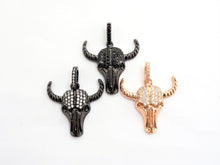 Load image into Gallery viewer, CZ Micro Pave Bull Skull Pendant, CZ Long Horn Charms,ox head, Bull Horn Charms, Antelope Head Pendant, Black/Rose Gold, 22mm,SKU#F548