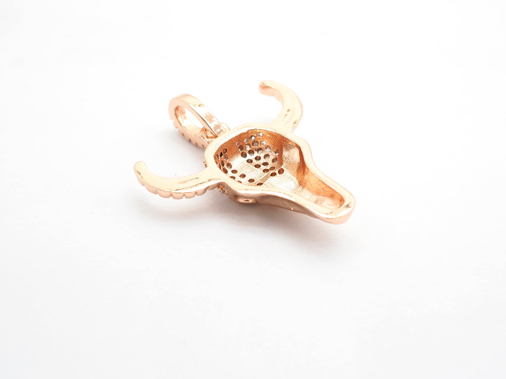 CZ Micro Pave Bull Skull Pendant, CZ Long Horn Charms,ox head, Bull Horn Charms, Antelope Head Pendant, Black/Rose Gold, 22mm,SKU#F548
