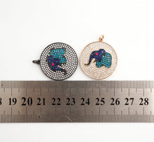 Load image into Gallery viewer, 26mm CZ Micro Pave Elephant on Disc Pendant, Cubic Zirconia Elephant Charm/Pendant, Silver/Gold/Rose Gold/Black, 26x28mm, Sku#F499