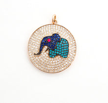 Load image into Gallery viewer, 26mm CZ Micro Pave Elephant on Disc Pendant, Cubic Zirconia Elephant Charm/Pendant, Silver/Gold/Rose Gold/Black, 26x28mm, Sku#F499