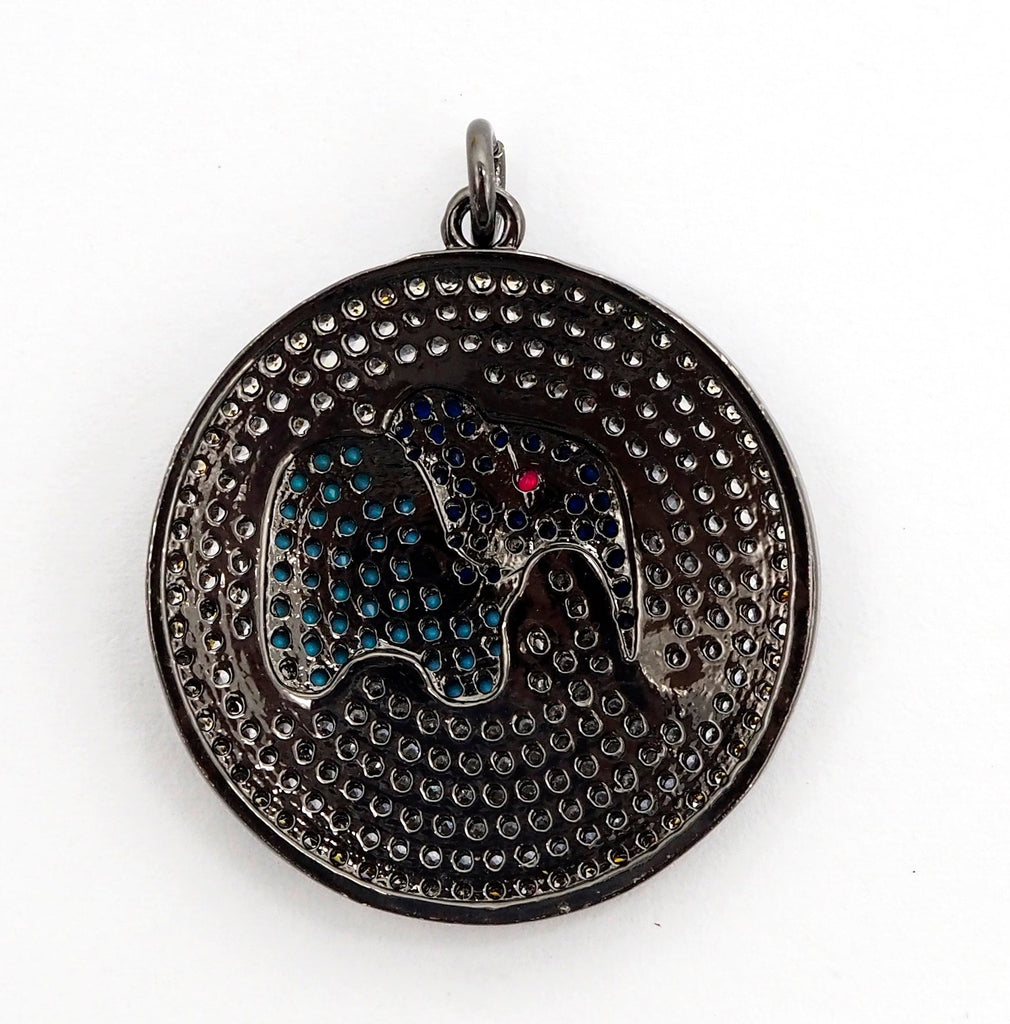 26mm CZ Micro Pave Elephant on Disc Pendant, Cubic Zirconia Elephant Charm/Pendant, Silver/Gold/Rose Gold/Black, 26x28mm, Sku#F499