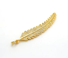 Load image into Gallery viewer, 61mm Long CZ Micro Pave Feather Leaf Pendant, Gold/Rose gold/Black/Silver,  Cubic Zirconia Pave Pendant/Charm,sku#F510