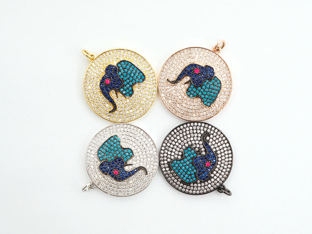 26mm CZ Micro Pave Elephant on Disc Pendant, Cubic Zirconia Elephant Charm/Pendant, Silver/Gold/Rose Gold/Black, 26x28mm, Sku#F499